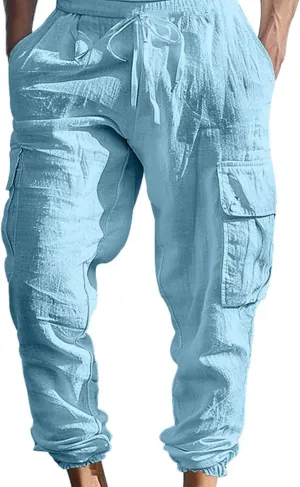 Men's Cargo Sweatpants Drawstring Joggers Relaxed Fit Stretch Linen Cotton Casual Pants with Pockets