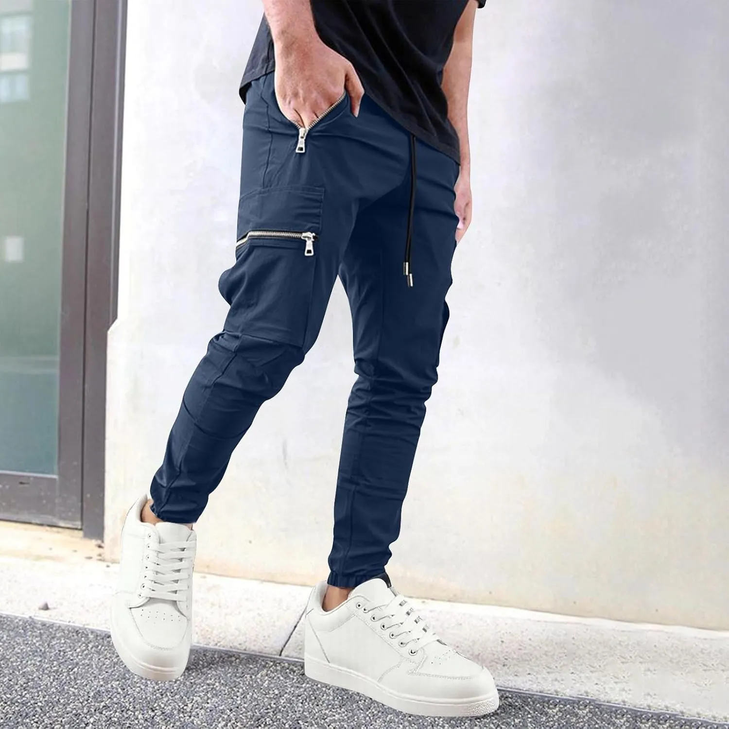 Men's Casual Cargo Pants Drawstring Elastic Waist Joggers Sweatpants Solid Color Multiple Pockets Hiking Trousers