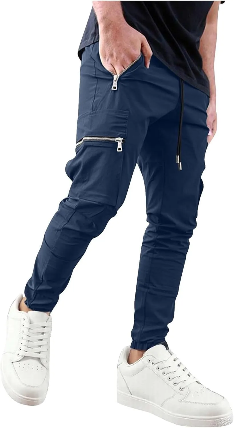 Men's Casual Cargo Pants Drawstring Elastic Waist Joggers Sweatpants Solid Color Multiple Pockets Hiking Trousers