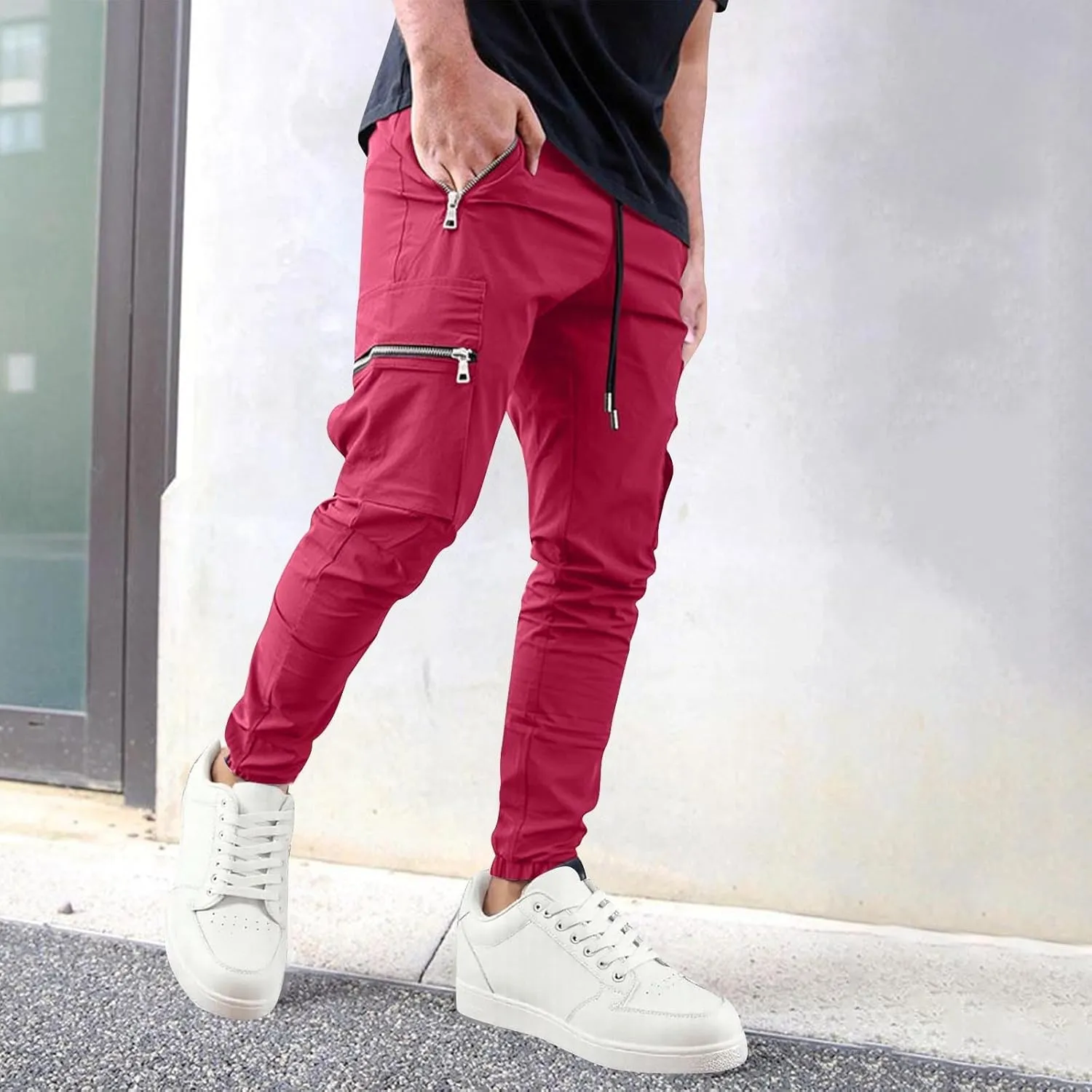 Men's Casual Cargo Pants Drawstring Elastic Waist Joggers Sweatpants Solid Color Multiple Pockets Hiking Trousers