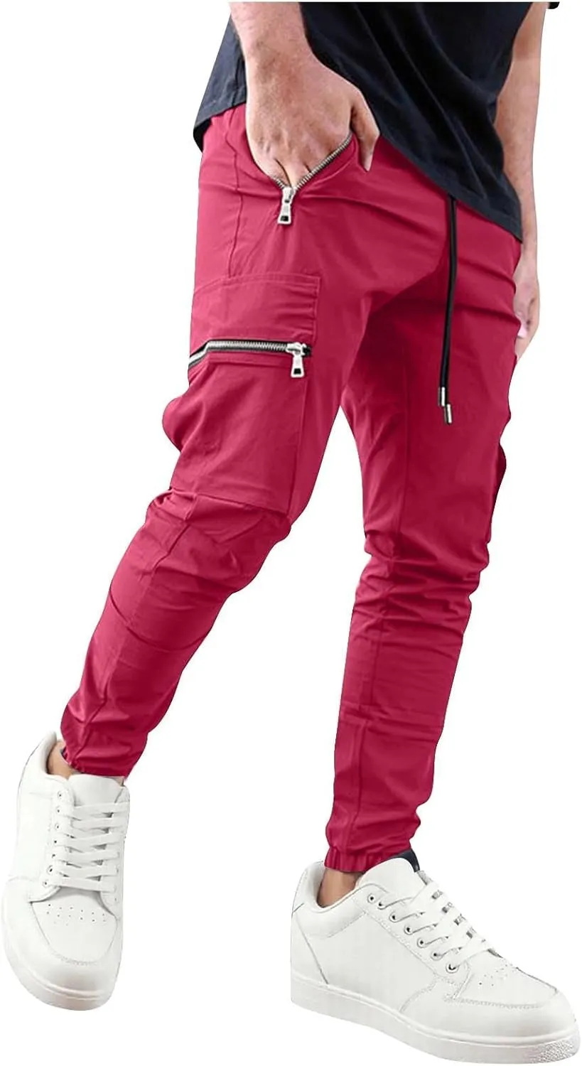 Men's Casual Cargo Pants Drawstring Elastic Waist Joggers Sweatpants Solid Color Multiple Pockets Hiking Trousers
