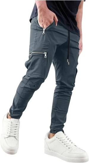 Men's Casual Cargo Pants Drawstring Elastic Waist Joggers Sweatpants Solid Color Multiple Pockets Hiking Trousers