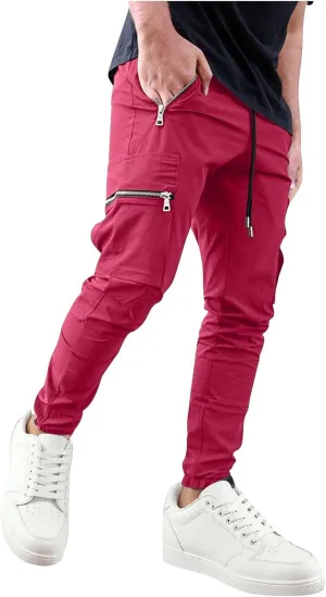 Men's Casual Cargo Pants Drawstring Elastic Waist Joggers Sweatpants Solid Color Multiple Pockets Hiking Trousers