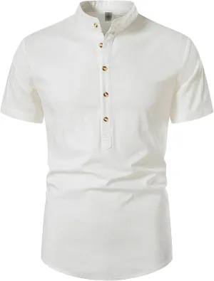Men's Casual Stand-up Collar Shirt Top Summer Collarless Linen Button-Down Shirt Beach yoga Short Sleeve Shirts