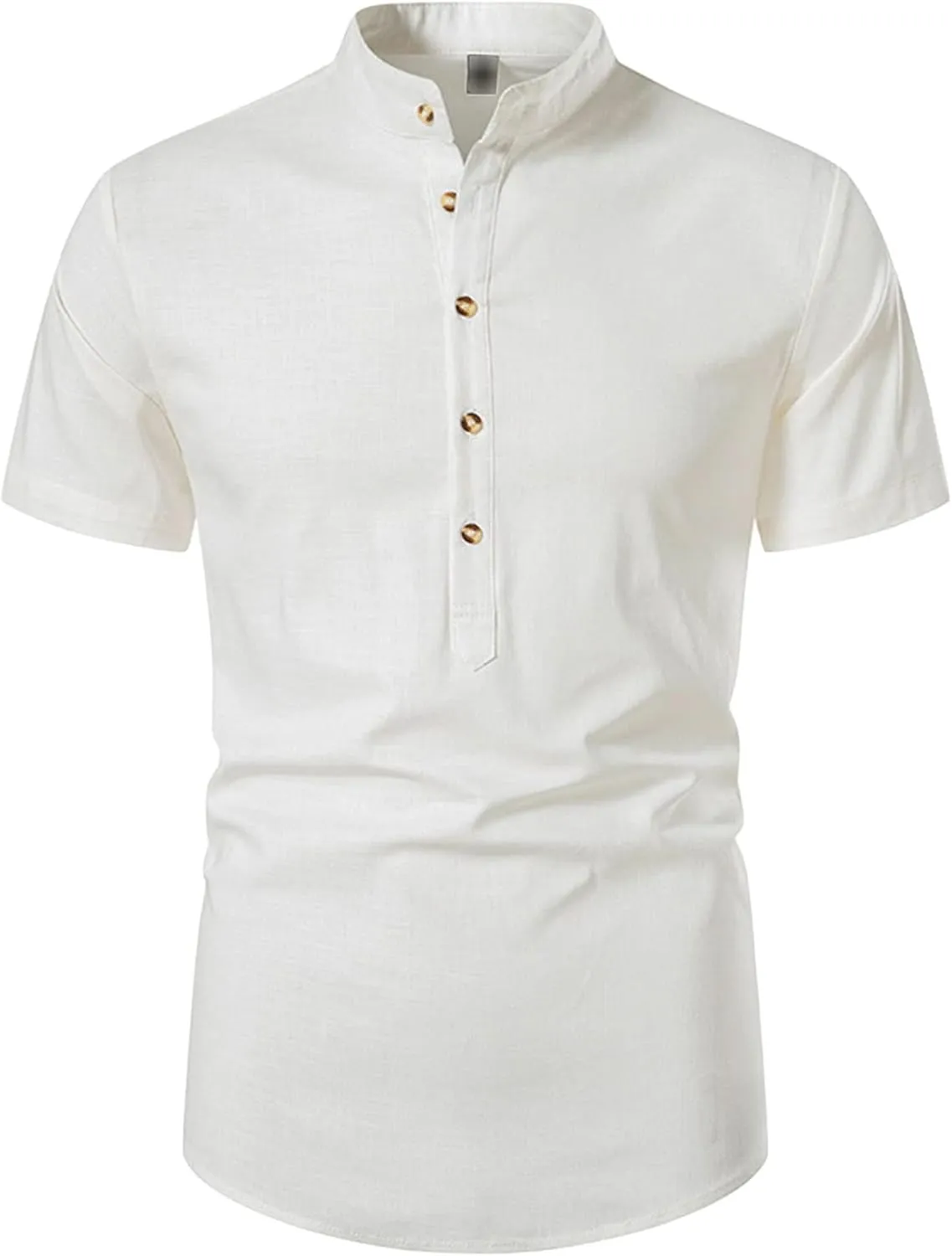 Men's Casual Stand-up Collar Shirt Top Summer Collarless Linen Button-Down Shirt Beach yoga Short Sleeve Shirts