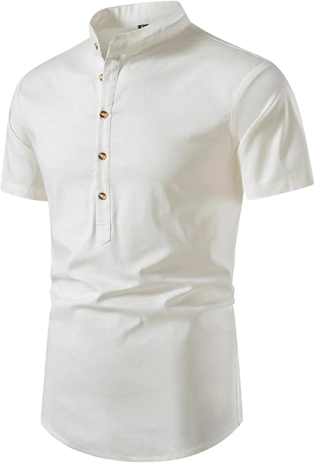Men's Casual Stand-up Collar Shirt Top Summer Collarless Linen Button-Down Shirt Beach yoga Short Sleeve Shirts