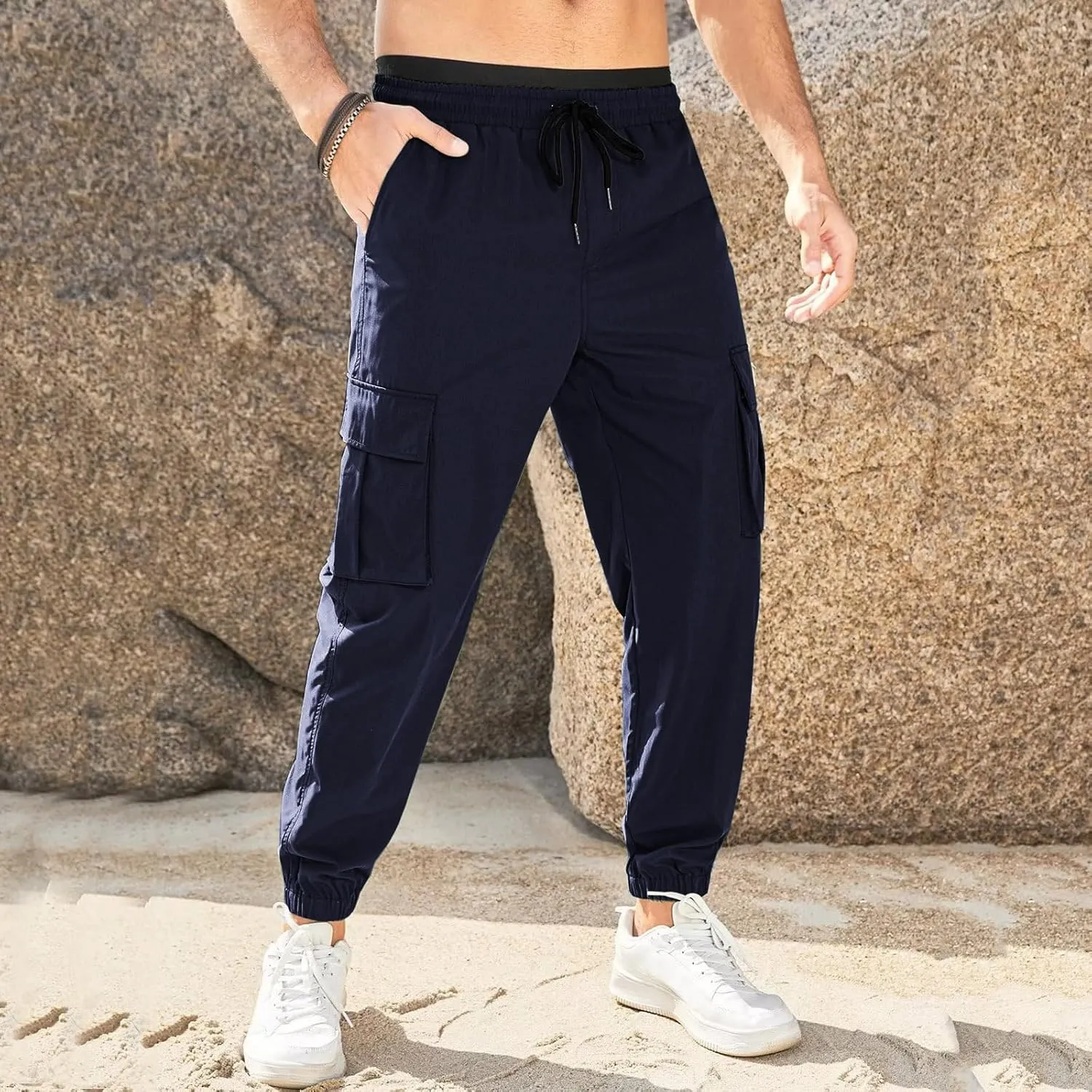 Mens Casual Sweat Pants Drawstring Stretch Hiking Pants Lightweight Relaxed Fit Joggers Trousers with Patch Pockets
