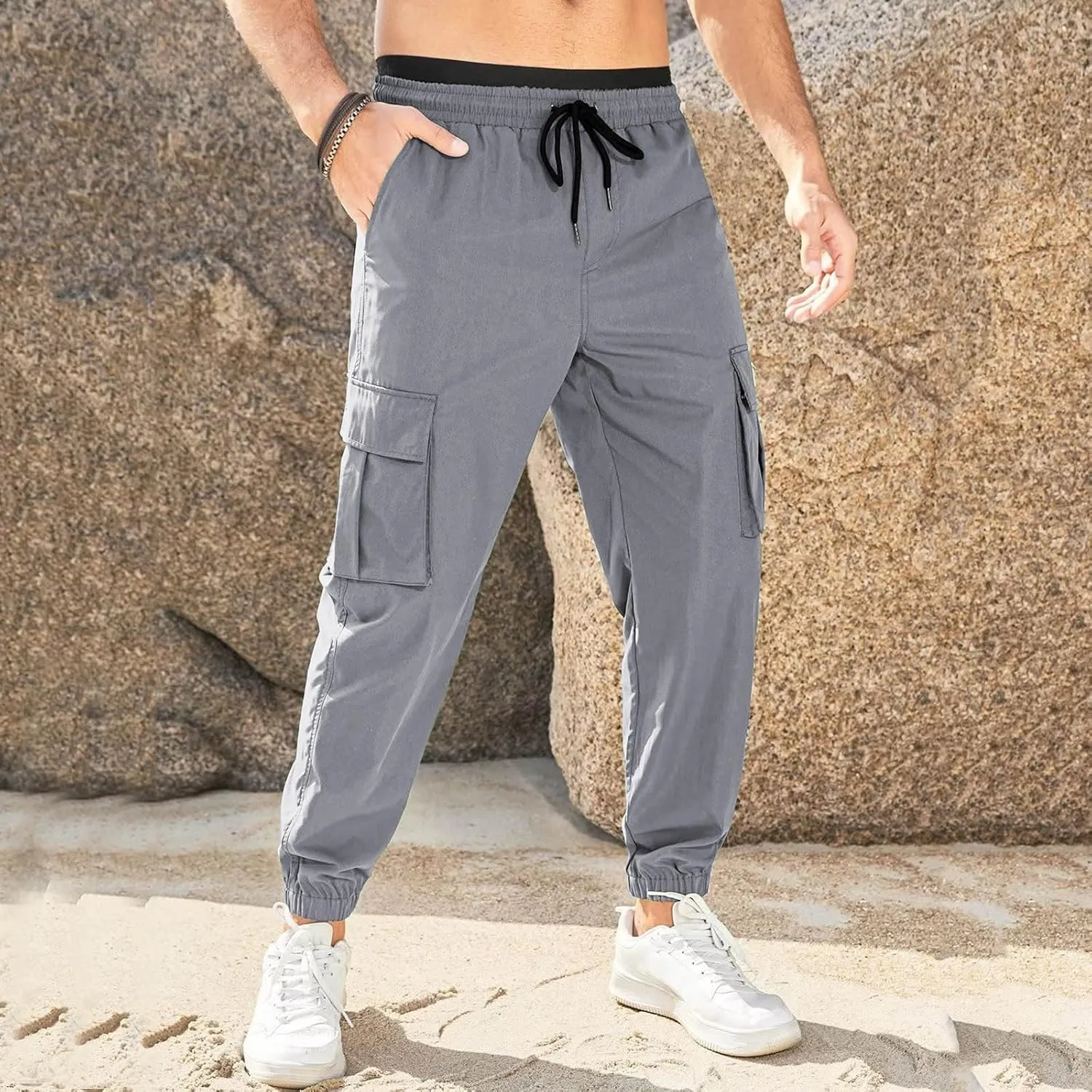 Mens Casual Sweat Pants Drawstring Stretch Hiking Pants Lightweight Relaxed Fit Joggers Trousers with Patch Pockets