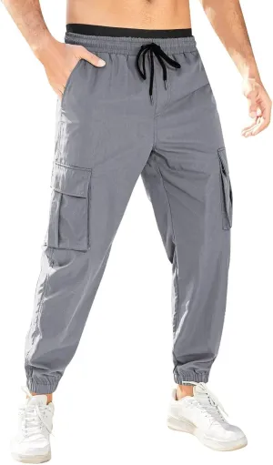Mens Casual Sweat Pants Drawstring Stretch Hiking Pants Lightweight Relaxed Fit Joggers Trousers with Patch Pockets
