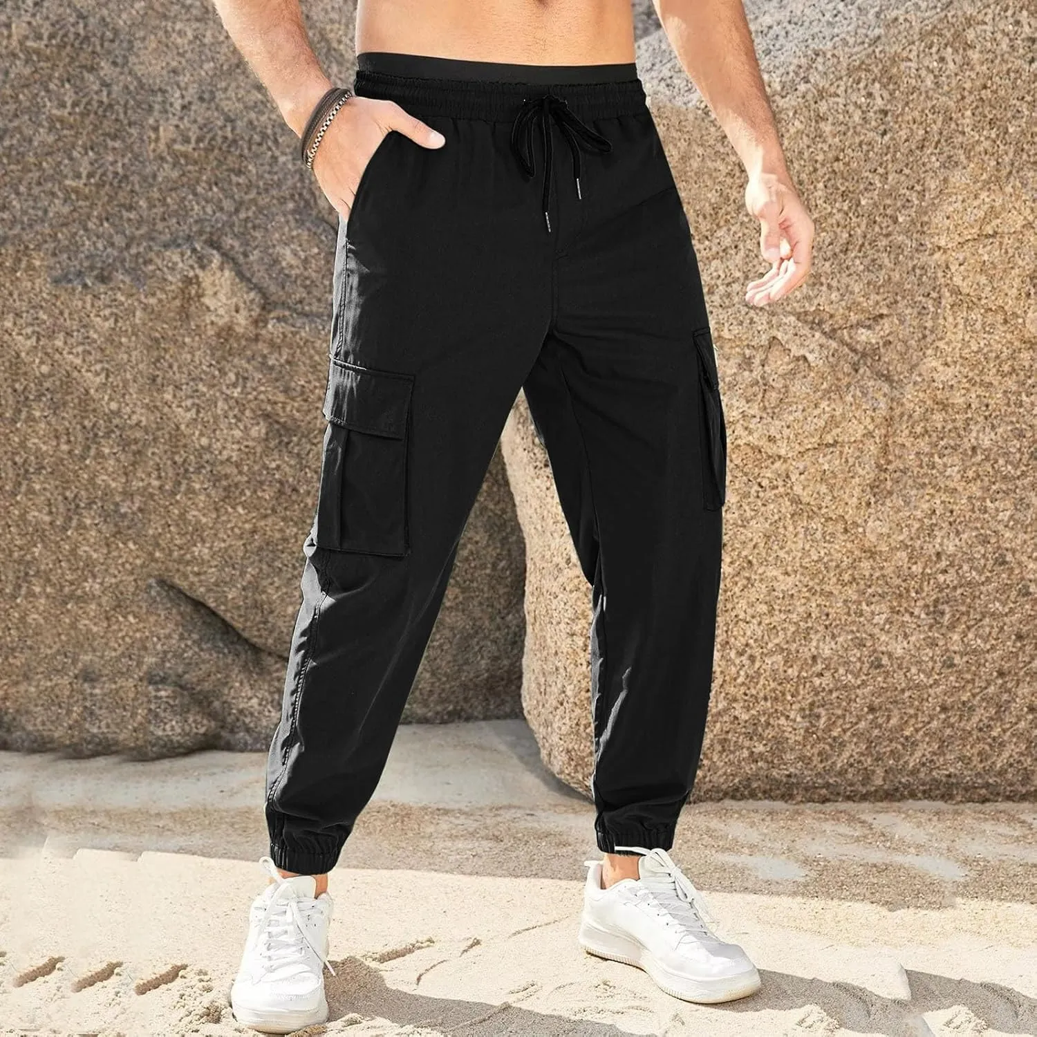 Mens Casual Sweat Pants Drawstring Stretch Hiking Pants Lightweight Relaxed Fit Joggers Trousers with Patch Pockets