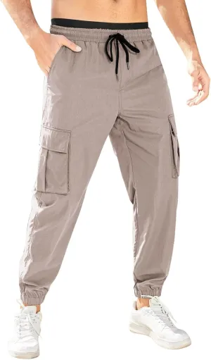 Mens Casual Sweat Pants Drawstring Stretch Hiking Pants Lightweight Relaxed Fit Joggers Trousers with Patch Pockets