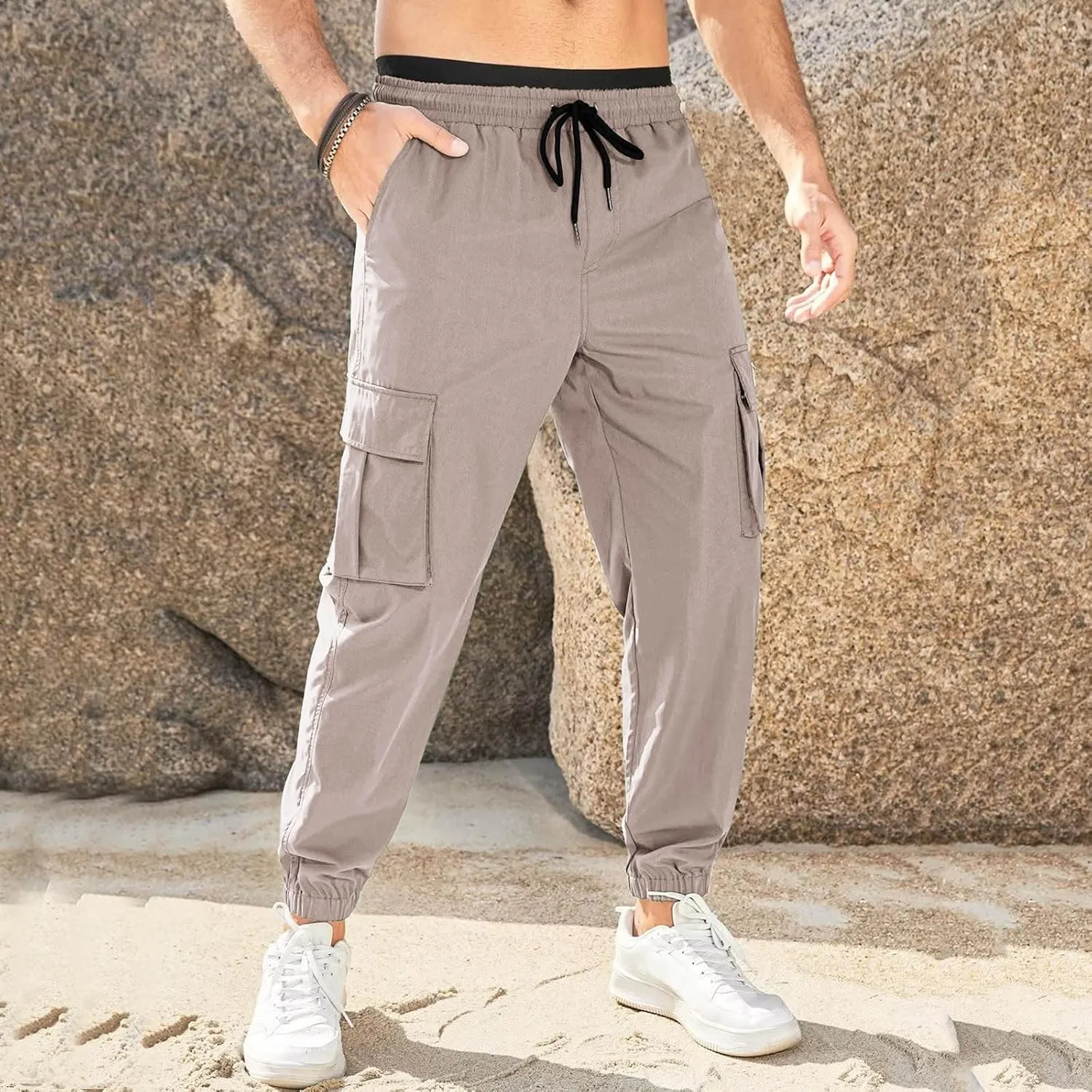 Mens Casual Sweat Pants Drawstring Stretch Hiking Pants Lightweight Relaxed Fit Joggers Trousers with Patch Pockets