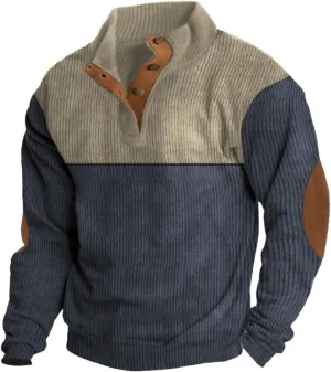Men's Corduroy Sweatshirts Long Sleeve Henry Collar 1/4 Button Casual Outdoor Pullover
