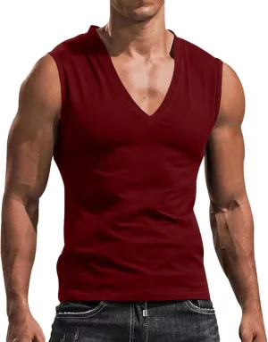 Mens Deep V Neck Tank Tops, Stretch Muscle Gym Workout Sleeveless Slim Fit Low Cut Tank Tops for Summer Beach