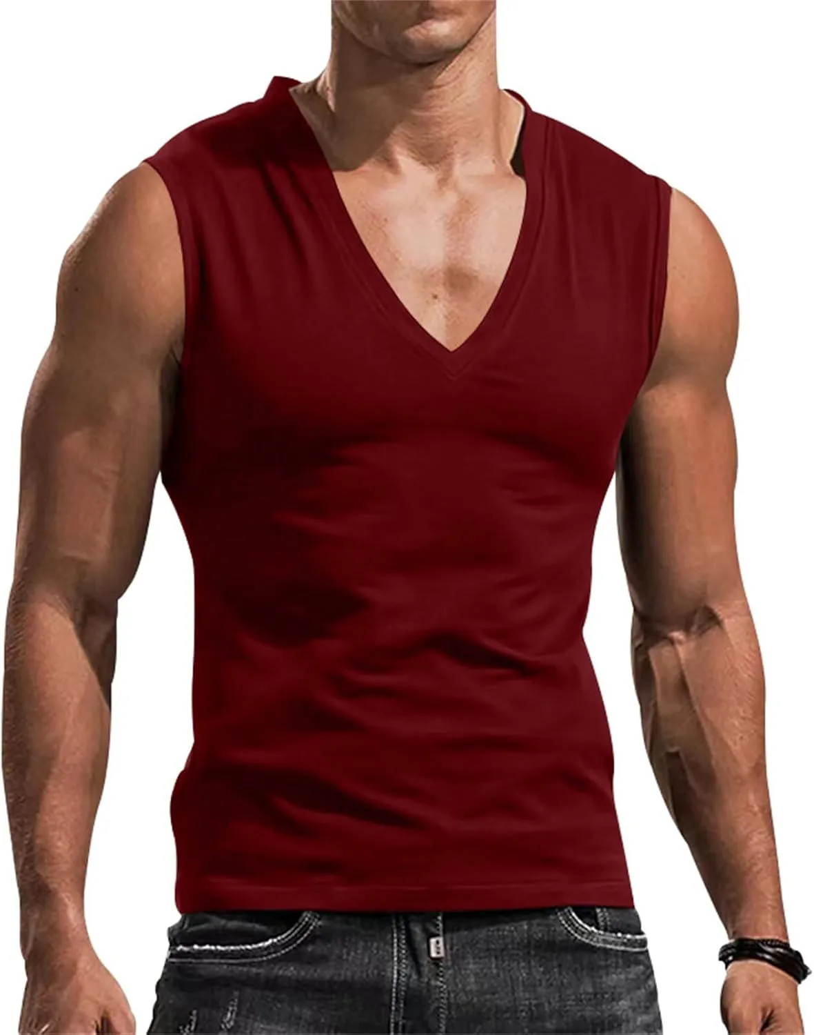 Mens Deep V Neck Tank Tops, Stretch Muscle Gym Workout Sleeveless Slim Fit Low Cut Tank Tops for Summer Beach