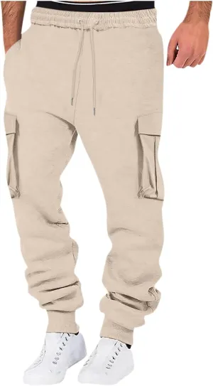 Men's Drawstring Cargo Sweatpants Open Bottom Fleece Athletic Hiking Jogger Cargo Sweatpants for Men with Pockets