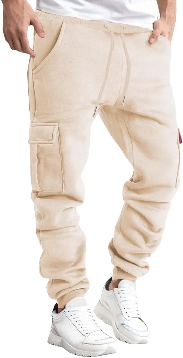 Men's Drawstring Cargo Sweatpants Open Bottom Fleece Athletic Hiking Jogger Cargo Sweatpants for Men with Pockets