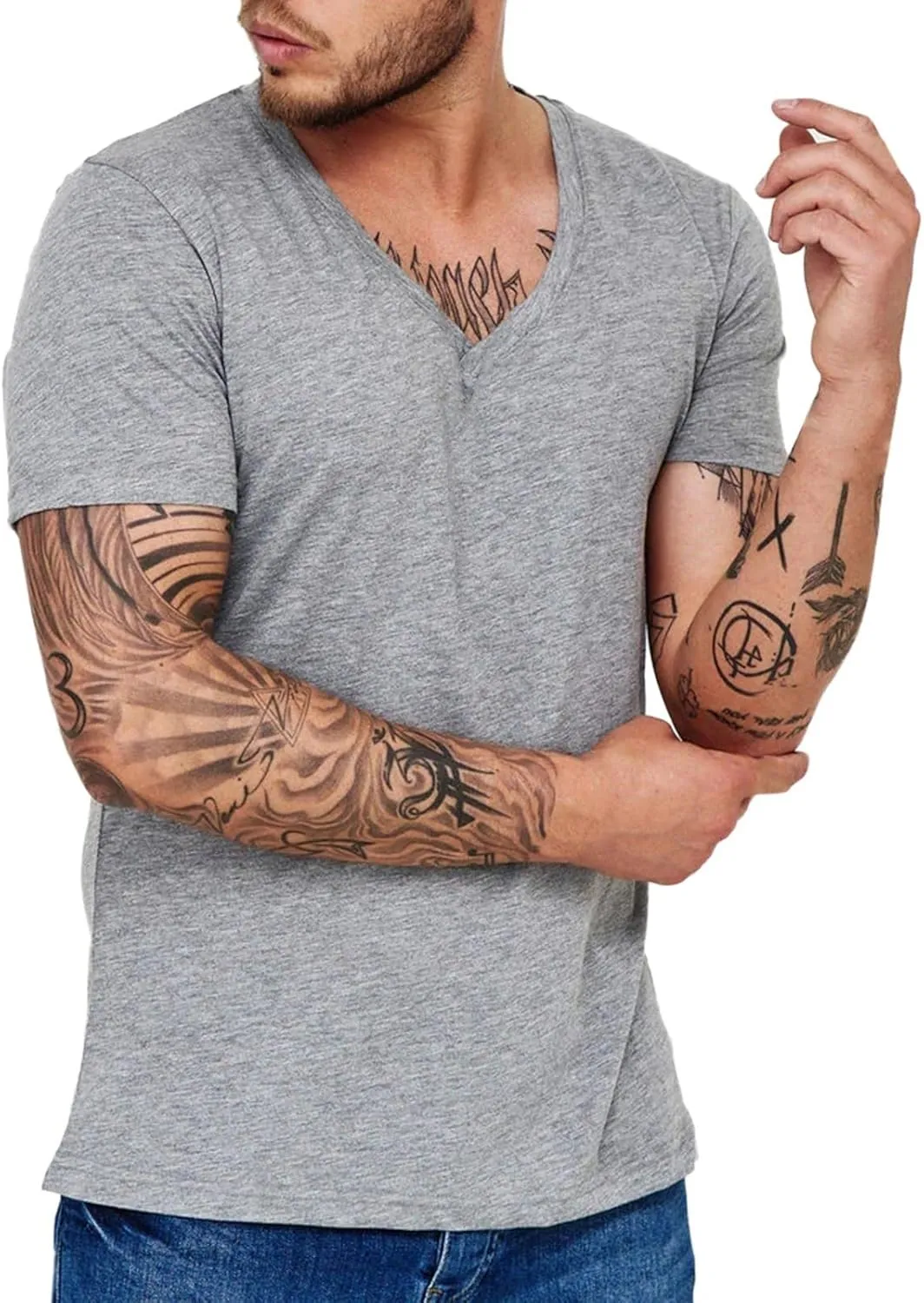 Mens Fitness V Neck Tshirts Plus Size Quick Dry Short Sleeve Stretch Casual Training Tops Workout Gym Running Muscle Shirts