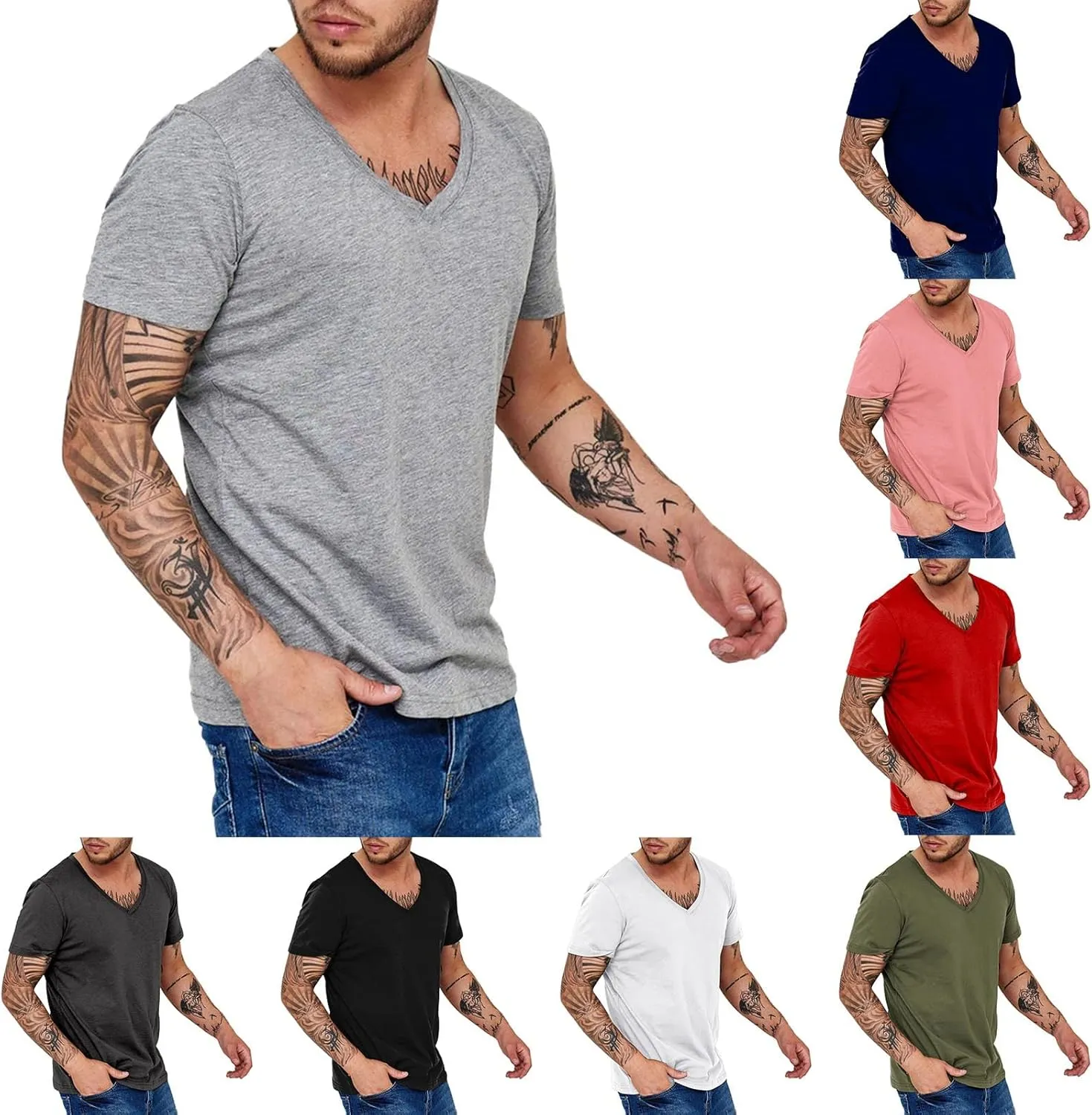 Mens Fitness V Neck Tshirts Plus Size Quick Dry Short Sleeve Stretch Casual Training Tops Workout Gym Running Muscle Shirts