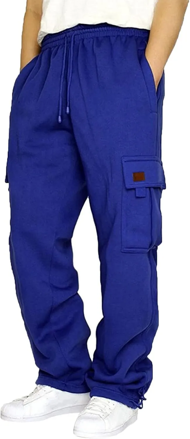 Men's Fleece Cargo Sweatpants Casual Loose Fit Pants Elastic Waist Joggers Sweatpants Sports Athletic Trousers