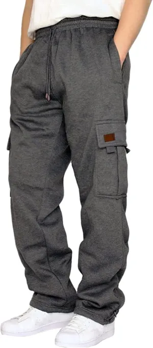 Men's Fleece Cargo Sweatpants Casual Loose Fit Pants Elastic Waist Joggers Sweatpants Sports Athletic Trousers