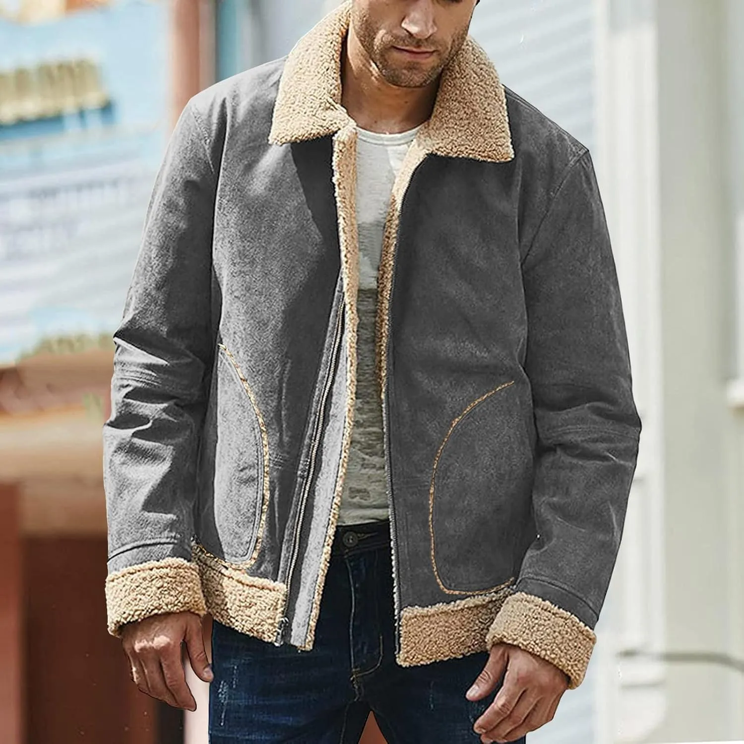 Men's Fleece Lined Jacket Shearling Fur Lined Bomber Jackets Cargo Overcoat Warm Winter Coat Outwear with Pockets