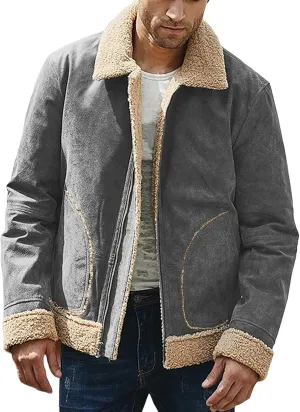 Men's Fleece Lined Jacket Shearling Fur Lined Bomber Jackets Cargo Overcoat Warm Winter Coat Outwear with Pockets