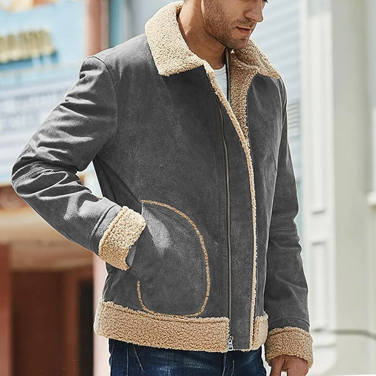 Men's Fleece Lined Jacket Shearling Fur Lined Bomber Jackets Cargo Overcoat Warm Winter Coat Outwear with Pockets
