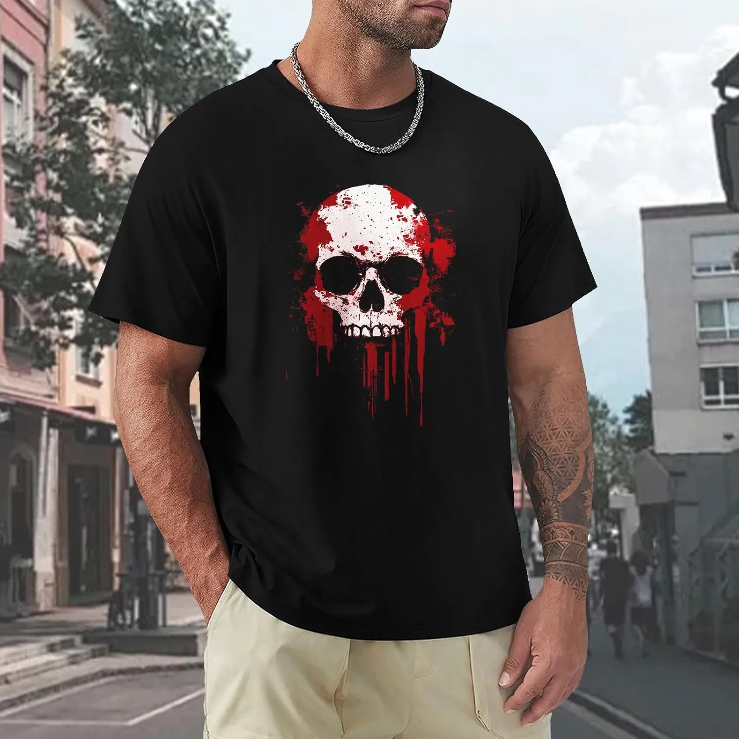 Mens Graphic Skull Print T-Shirts Cotton Streetwear Washed T-Shirts Retro Tees Short Sleeve Crewneck Oversized Top