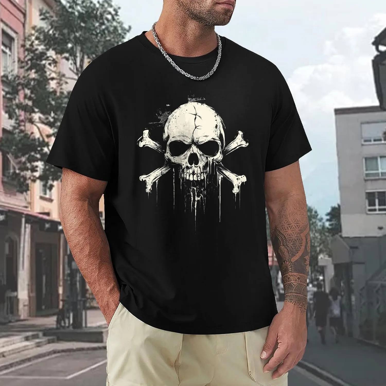 Mens Graphic Skull Print T-Shirts Cotton Streetwear Washed T-Shirts Retro Tees Short Sleeve Crewneck Oversized Top