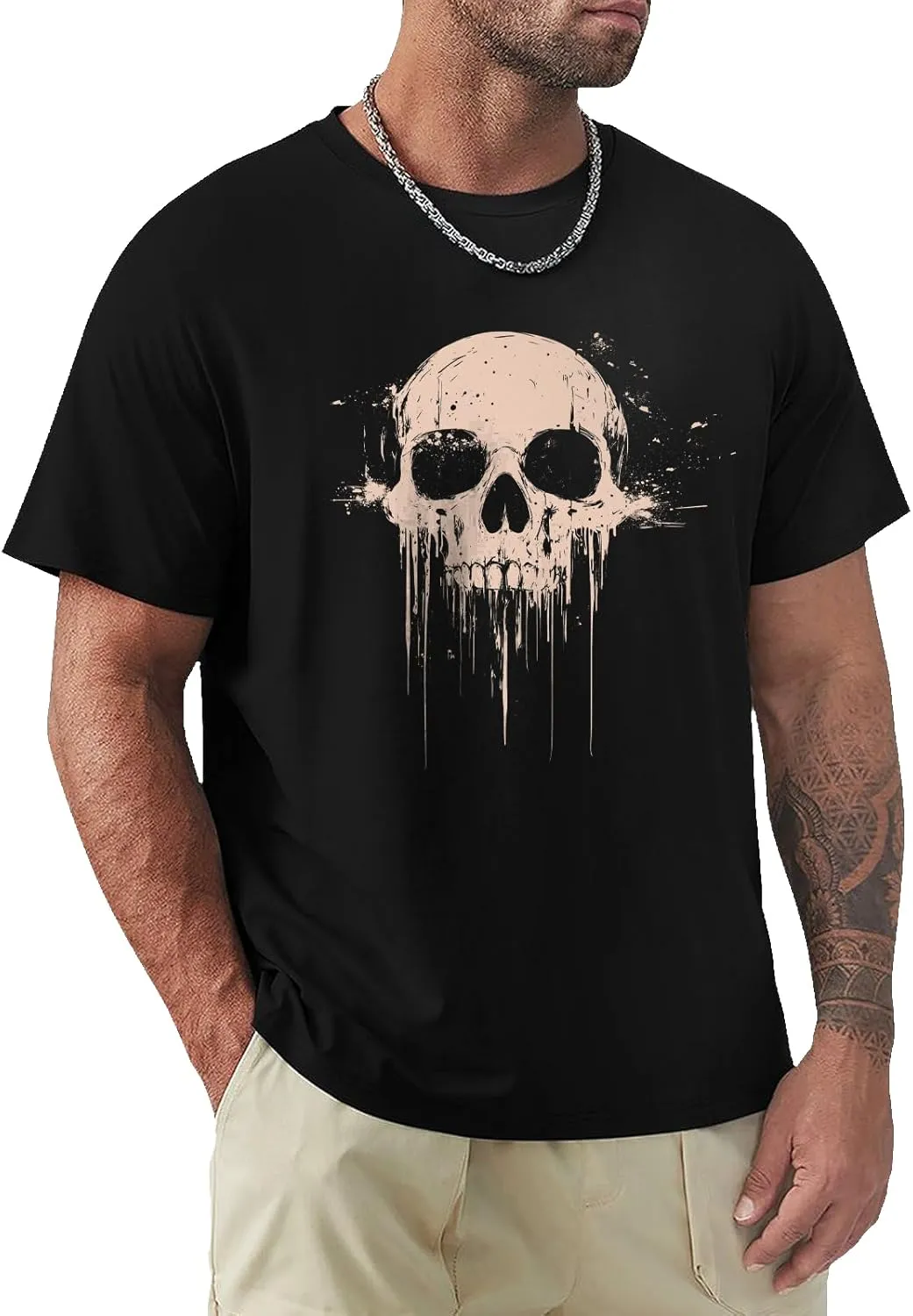 Mens Graphic Skull Print T-Shirts Cotton Streetwear Washed T-Shirts Retro Tees Short Sleeve Crewneck Oversized Top