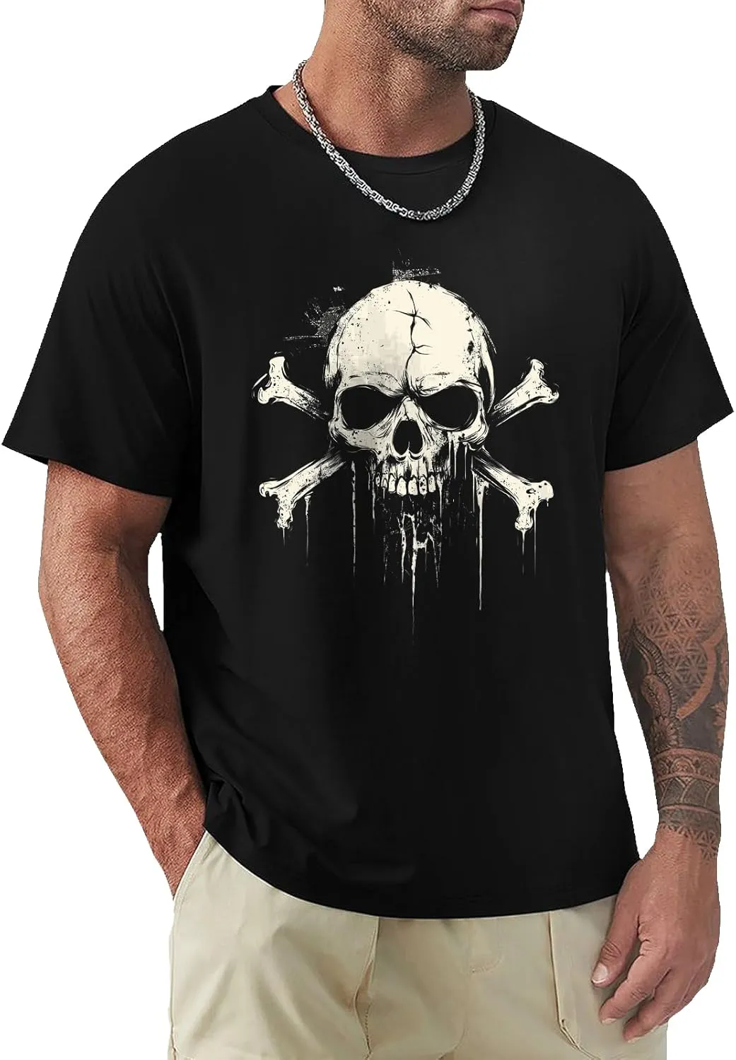 Mens Graphic Skull Print T-Shirts Cotton Streetwear Washed T-Shirts Retro Tees Short Sleeve Crewneck Oversized Top