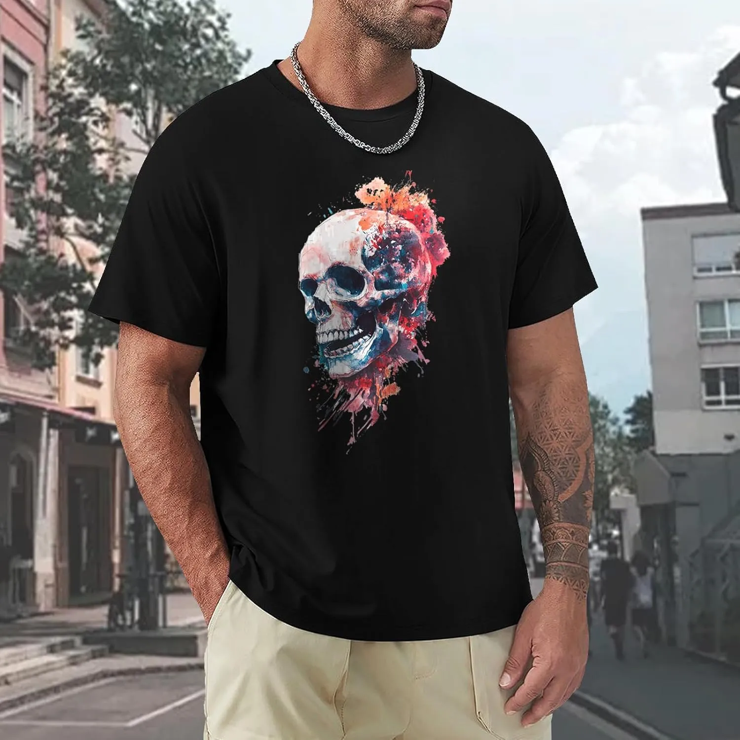 Mens Graphic Skull Print T-Shirts Cotton Streetwear Washed T-Shirts Retro Tees Short Sleeve Crewneck Oversized Top