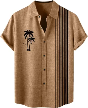 Men's Hawaiian Shirt Vintage Casual Coconut Printed Bowling Shirt Short Sleeve Button Down Summer Beach Shirts