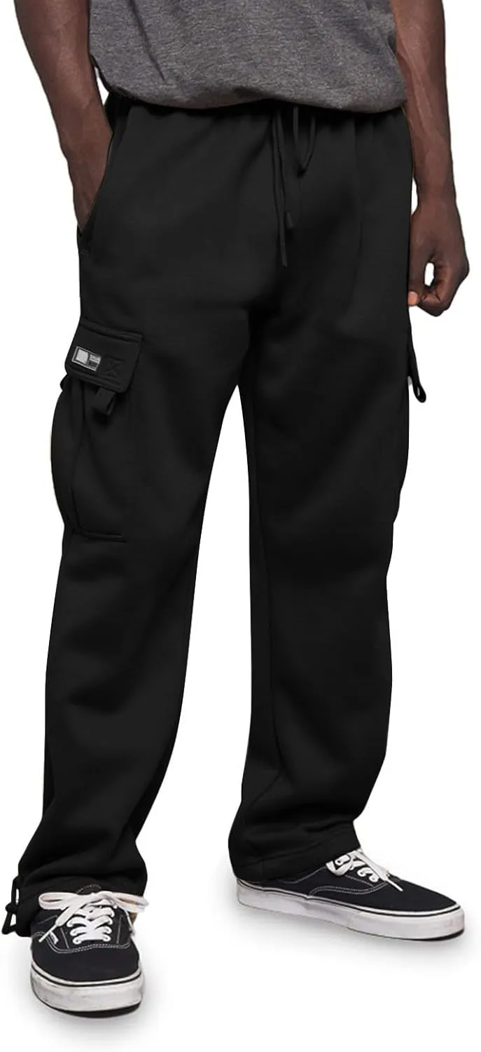 Men's Heavyweight Cargo Fleece Sweatpants Stretch Elastic Waist Joggers Athletic Pants Drawstring Trousers with Pockets