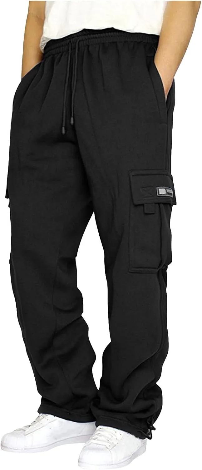 Men's Heavyweight Cargo Fleece Sweatpants Stretch Elastic Waist Joggers Athletic Pants Drawstring Trousers with Pockets