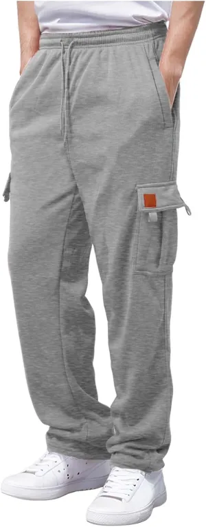 Men's Heavyweight Cargo Fleece Sweatpants Stretch Elastic Waist Joggers Athletic Pants Drawstring Trousers with Pockets