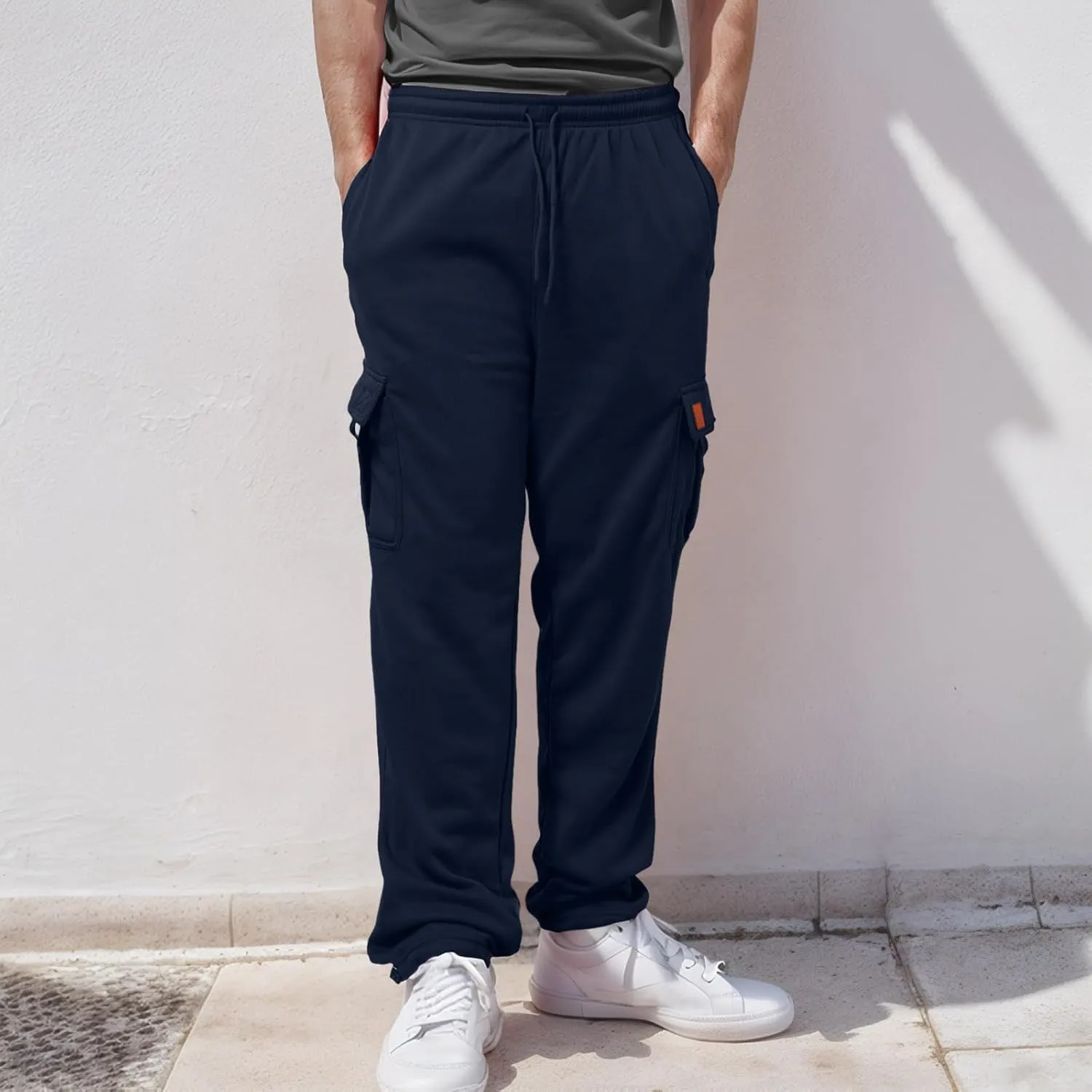 Men's Heavyweight Cargo Fleece Sweatpants Stretch Elastic Waist Joggers Athletic Pants Drawstring Trousers with Pockets