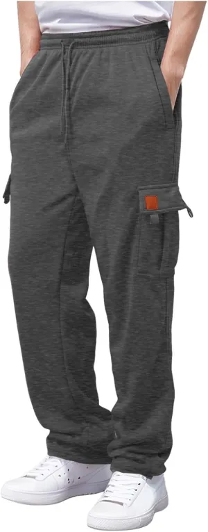 Men's Heavyweight Cargo Fleece Sweatpants Stretch Elastic Waist Joggers Athletic Pants Drawstring Trousers with Pockets