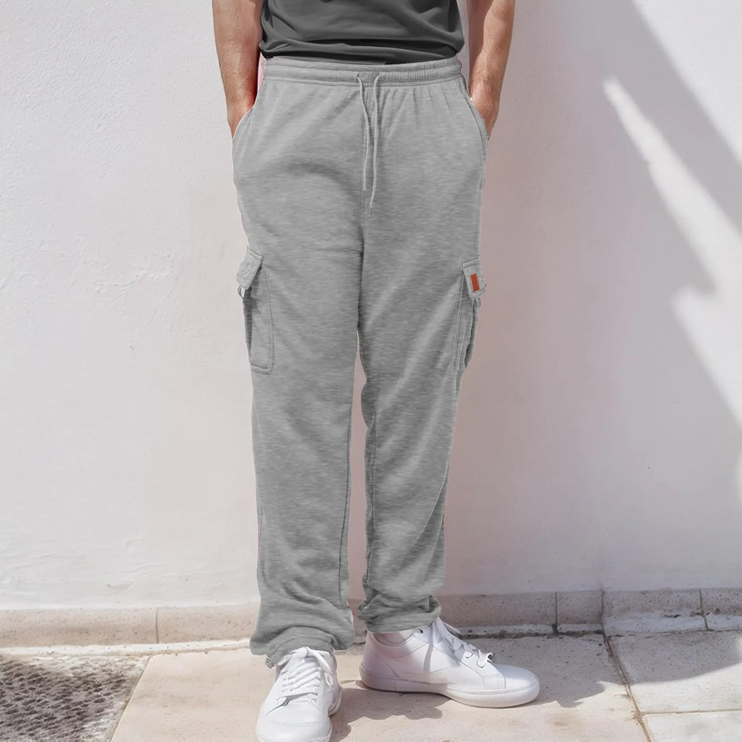 Men's Heavyweight Cargo Fleece Sweatpants Stretch Elastic Waist Joggers Athletic Pants Drawstring Trousers with Pockets