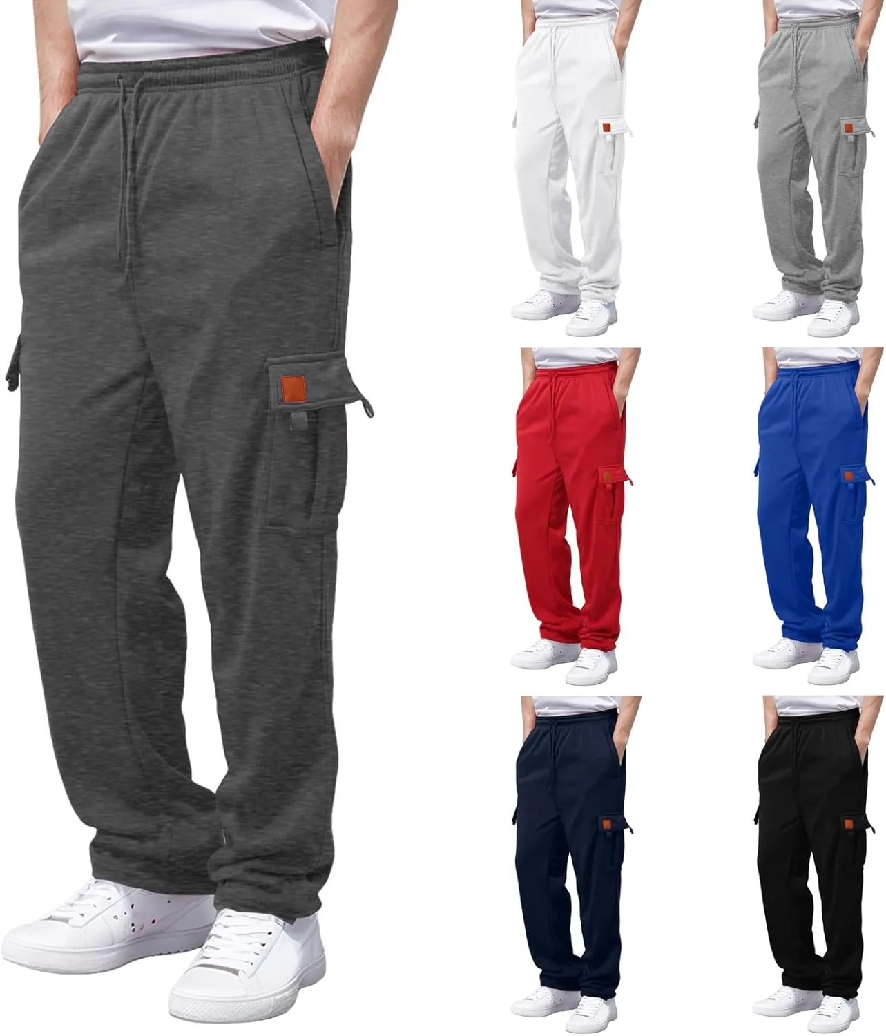 Men's Heavyweight Cargo Fleece Sweatpants Stretch Elastic Waist Joggers Athletic Pants Drawstring Trousers with Pockets