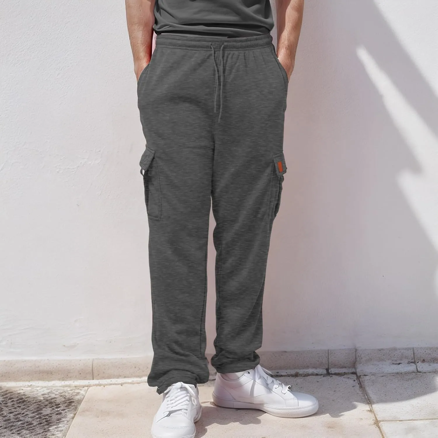 Men's Heavyweight Cargo Fleece Sweatpants Stretch Elastic Waist Joggers Athletic Pants Drawstring Trousers with Pockets