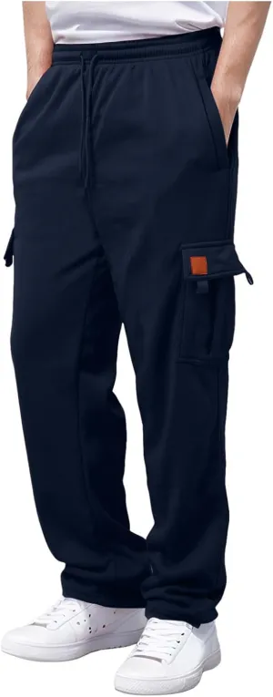 Men's Heavyweight Cargo Fleece Sweatpants Stretch Elastic Waist Joggers Athletic Pants Drawstring Trousers with Pockets