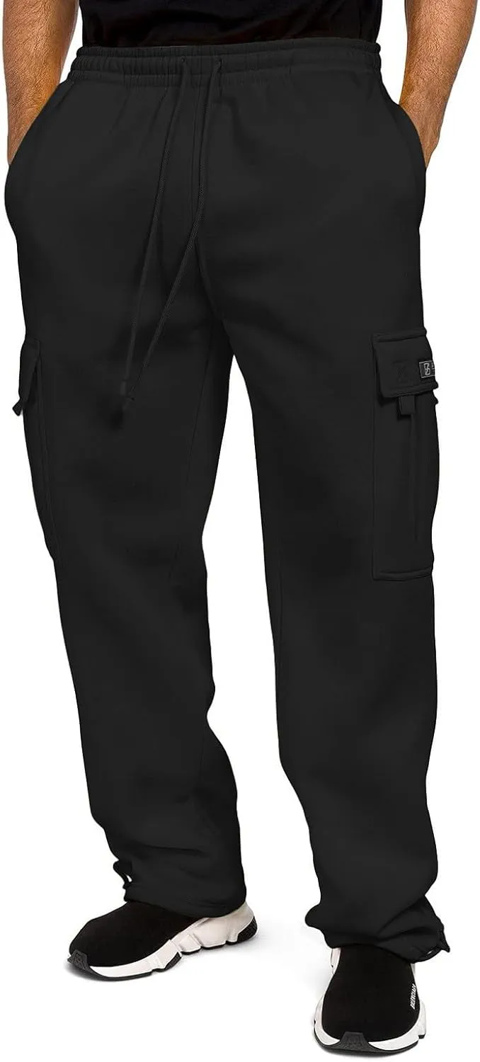 Men's Heavyweight Cargo Fleece Sweatpants Stretch Elastic Waist Joggers Athletic Pants Drawstring Trousers with Pockets