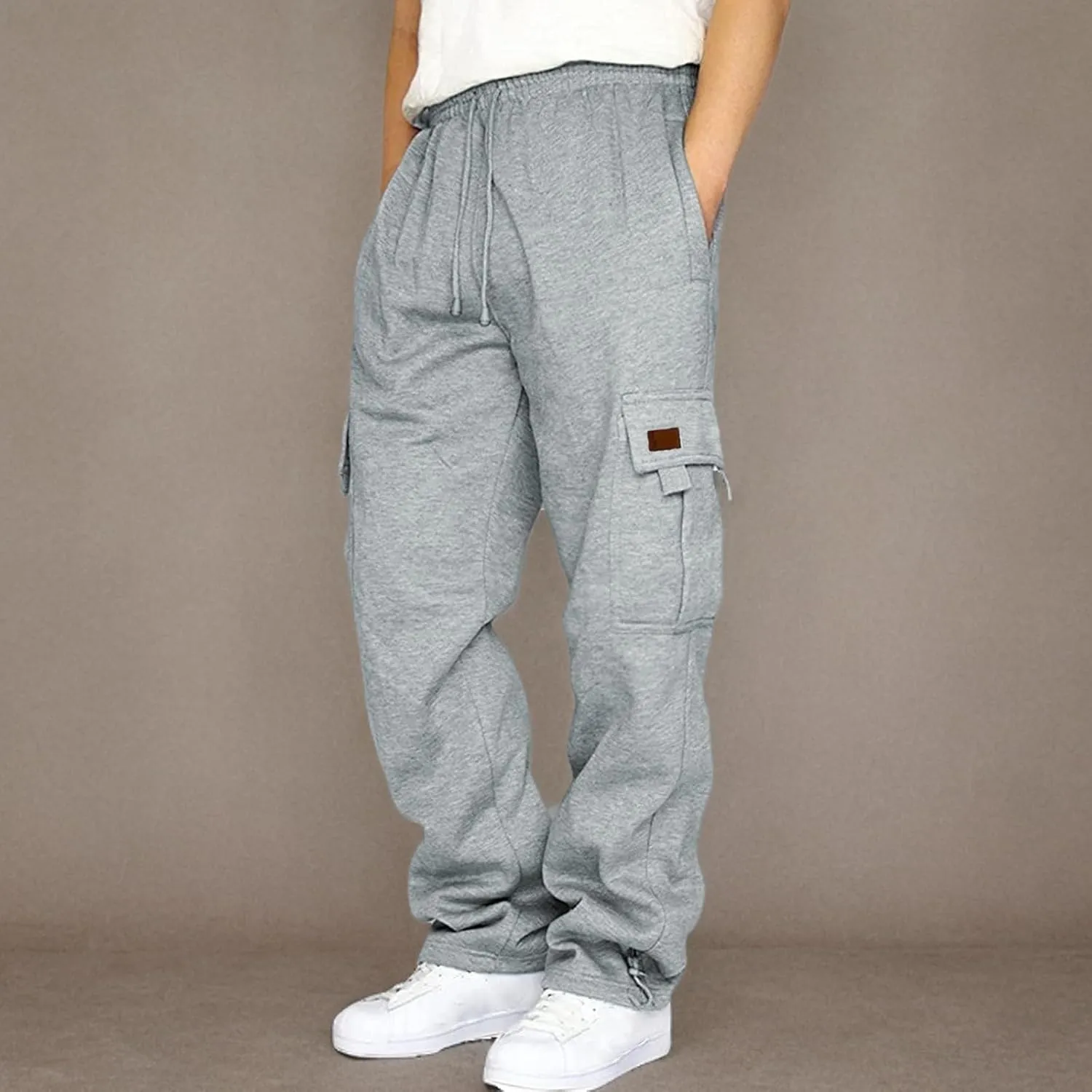 Men's Heavyweight Cargo Fleece Sweatpants Stretch Elastic Waist Joggers Athletic Pants Drawstring Trousers with Pockets