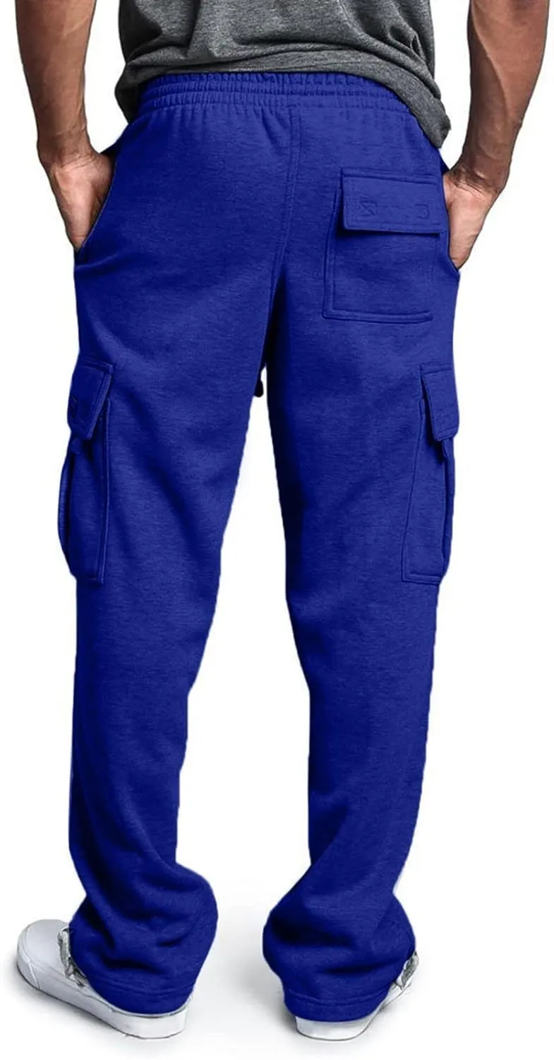 Men's Heavyweight Fleece Cargo Sweatpants Elastic Waist Joggers Baggy Drawstring Sweatpants with Pockets Cargo Pants Trousers