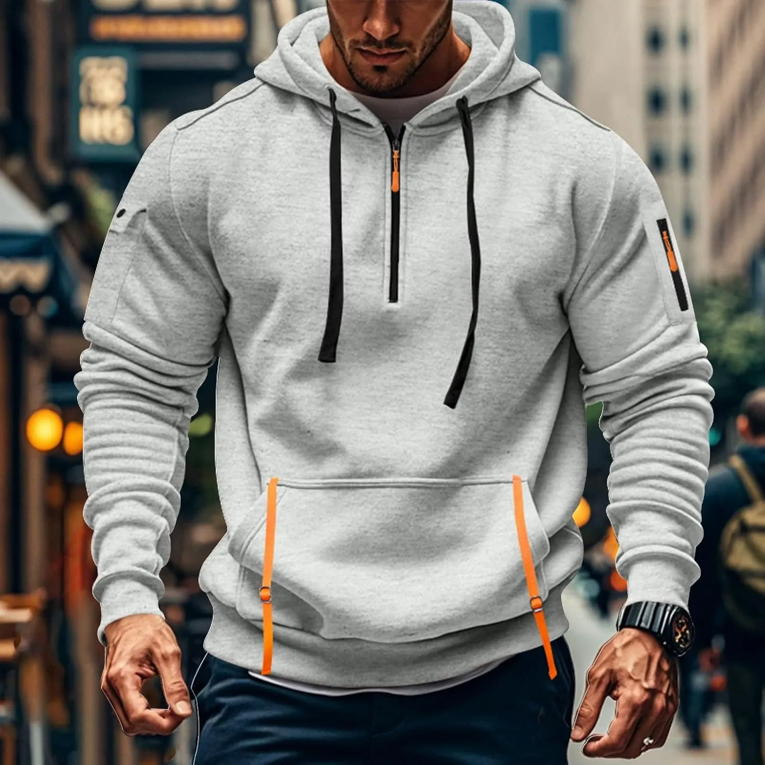 Men's Hoodies Quarter Zip Pullover Vintage Workout Running Active Hoodies with Pockets Military Tactical Sweatshirt