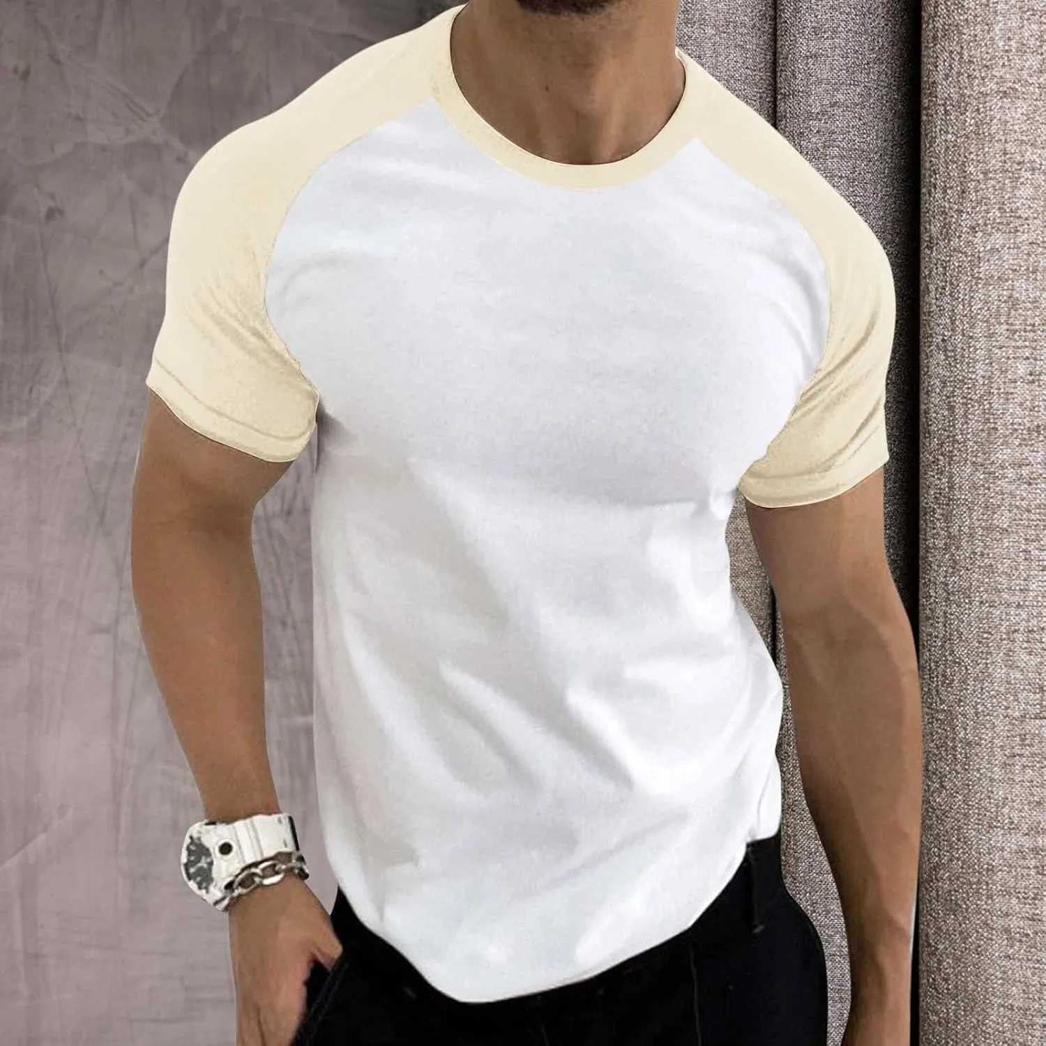 Men's Muscle Baseball T-Shirt Raglan Short Sleeve Bodybuilding Gym Tee Color Block Crewneck Fashion Hipster Shirt