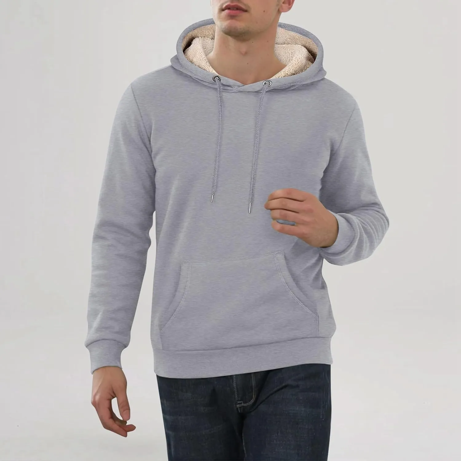 Men's Pullover Heavy Hoodie Sherpa Fleece Lined Kangaroo Pocke Winter Warm Solid Hooded Athletic Sweatshirt