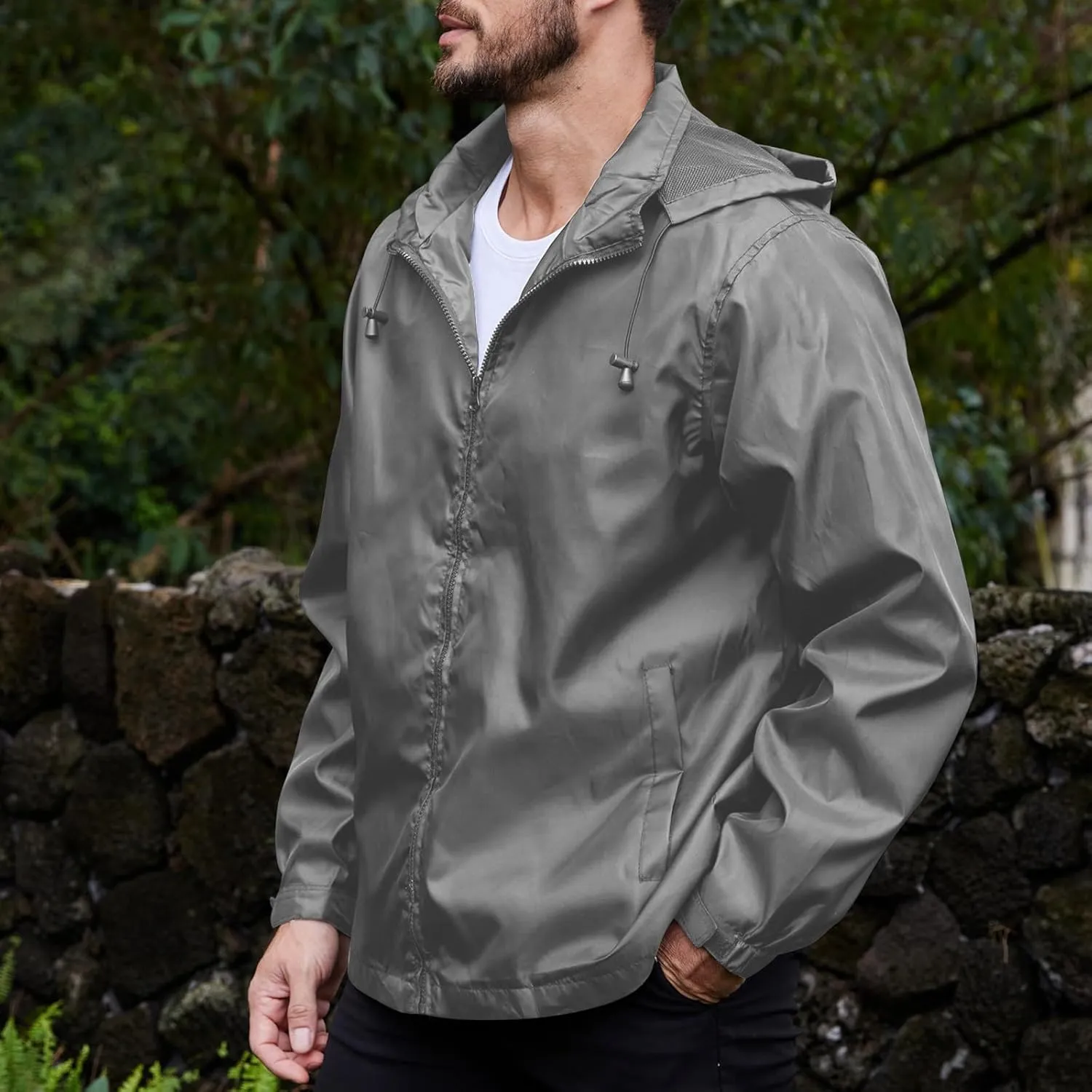 Mens Rain Jacket Packable Full-Zip Hooded Waterproof Windbreaker Lightweight Golf Outdoor Hiking Travel Cycling Coat